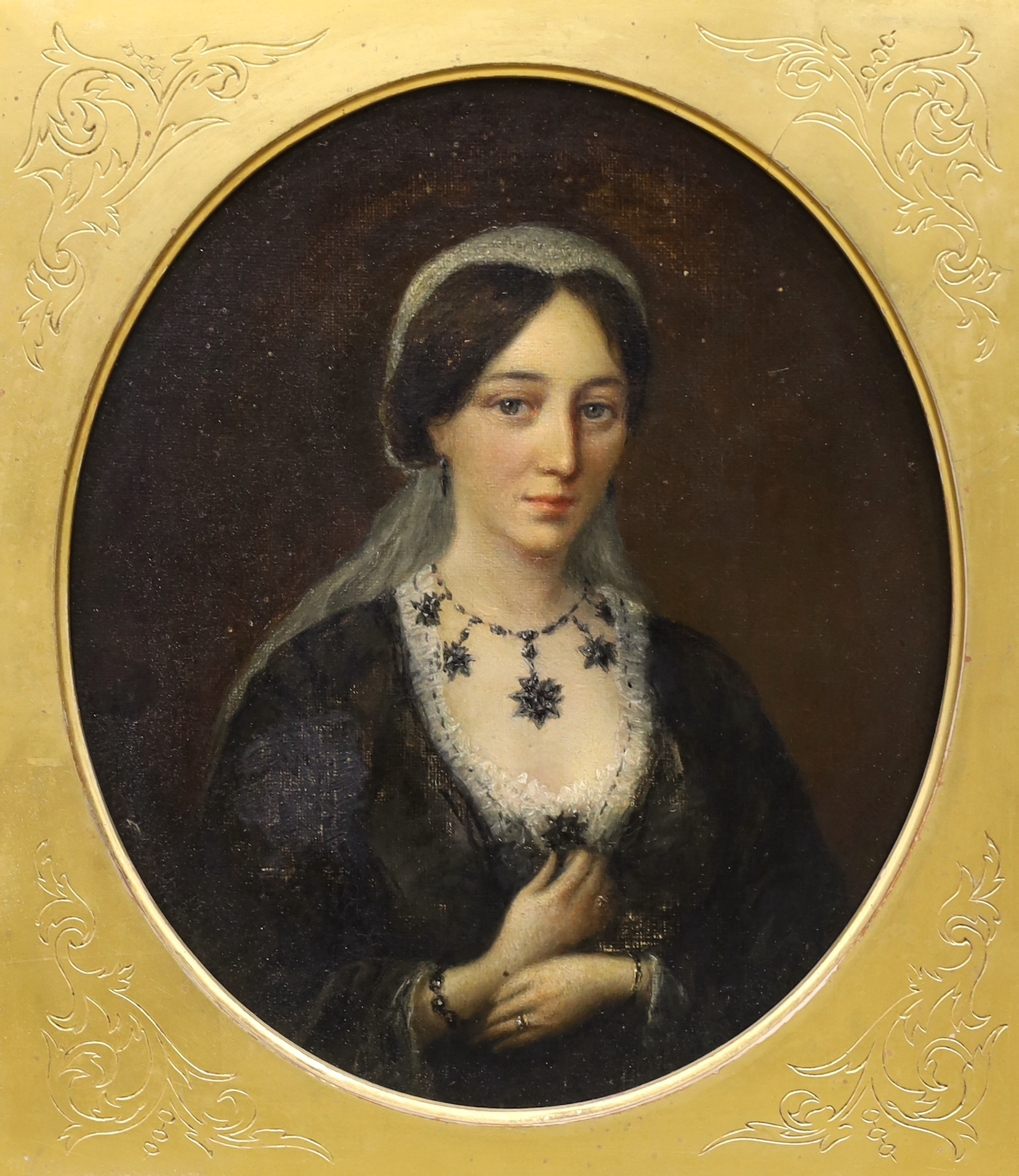 19th century oil on canvas, Portrait of a lady wearing a head-dress, Windsor & Newton, London stamp verso, 22 x 18cm, oval gilt frame